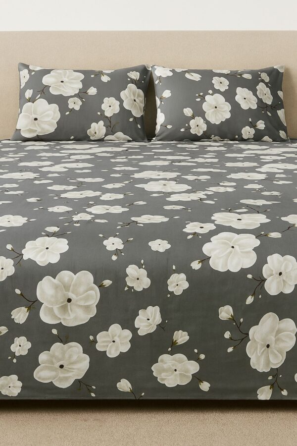 Grey Bloom- 100% Cotton Double Bedsheet Set
