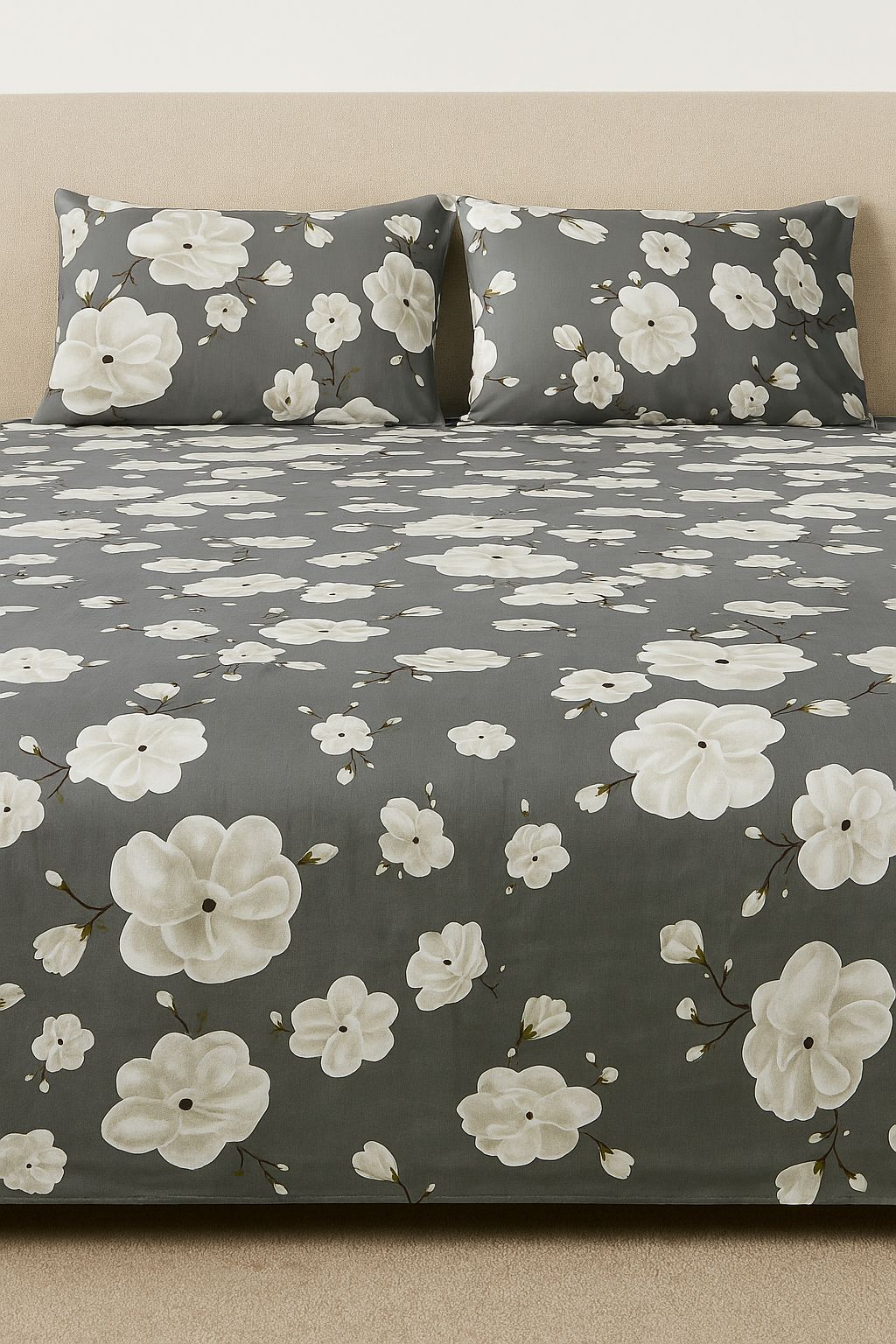 Grey Bloom- 100% Cotton Double Bedsheet Set
